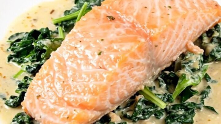 A close-up of a perfectly cooked salmon fillet covered in a creamy parmesan sauce with fresh spinach on a white plate.