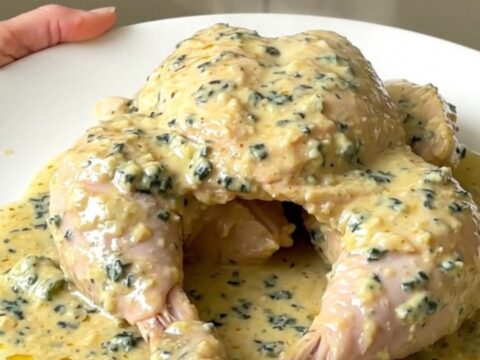 A close-up of tender chicken breasts coated in a rich, creamy blue cheese sauce with sliced leeks in a slow cooker.