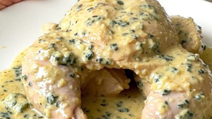 A close-up of tender chicken breasts coated in a rich, creamy blue cheese sauce with sliced leeks in a slow cooker.