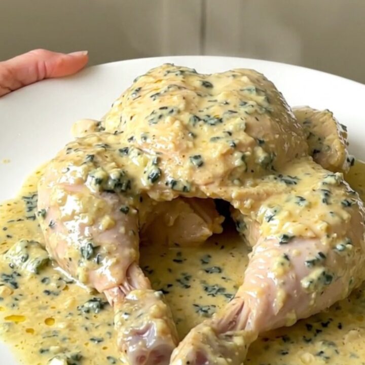 A close-up of tender chicken breasts coated in a rich, creamy blue cheese sauce with sliced leeks in a slow cooker.