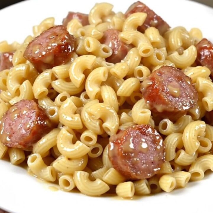 A steaming bowl of macaroni and sliced sausage in a white wine sauce, served on a white plate.