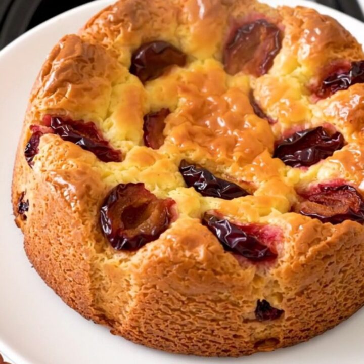 A golden, freshly baked plum clafoutis in a slow cooker on a white speckled countertop.