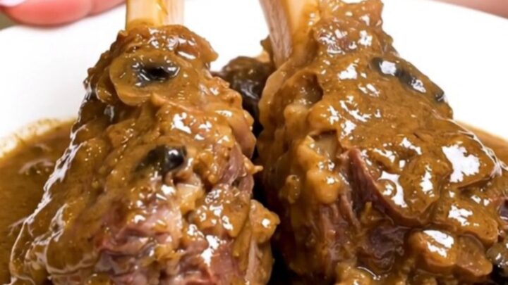 Two tender lamb shanks coated in a creamy mushroom sauce on a white plate.