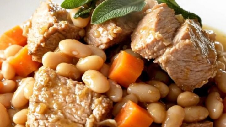 A close-up of a bowl filled with tender pork shoulder, white beans, and carrots in a savory sage broth.
