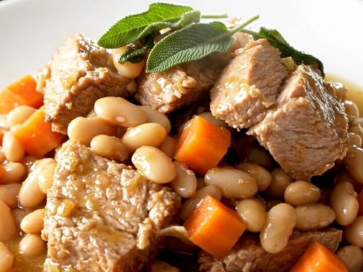A close-up of a bowl filled with tender pork shoulder, white beans, and carrots in a savory sage broth.