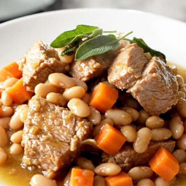 A close-up of a bowl filled with tender pork shoulder, white beans, and carrots in a savory sage broth.