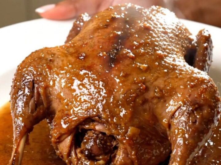 A close-up shot of a tender, glossy guinea fowl dish served on a white plate.