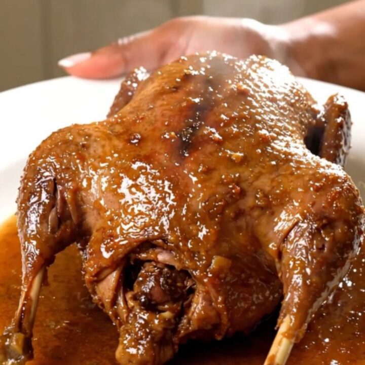 A close-up shot of a tender, glossy guinea fowl dish served on a white plate.