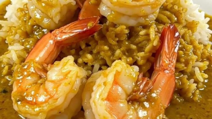Slow cooker filled with creamy curry shrimp and leeks on a white countertop.