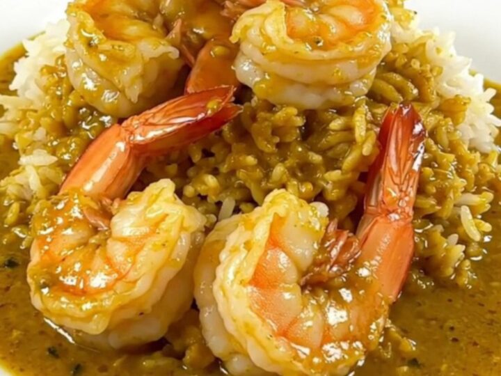 Slow cooker filled with creamy curry shrimp and leeks on a white countertop.