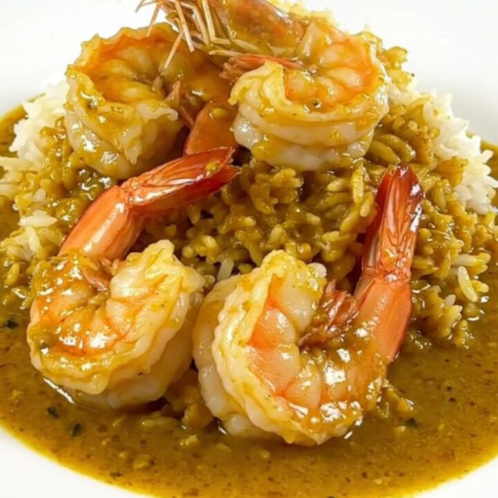 Slow cooker filled with creamy curry shrimp and leeks on a white countertop.
