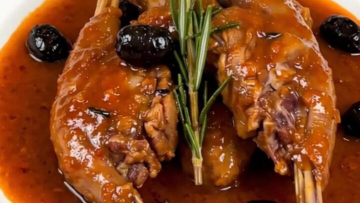 A close-up of tender, braised rabbit pieces served on a white plate with a rich tomato sauce and black olives.
