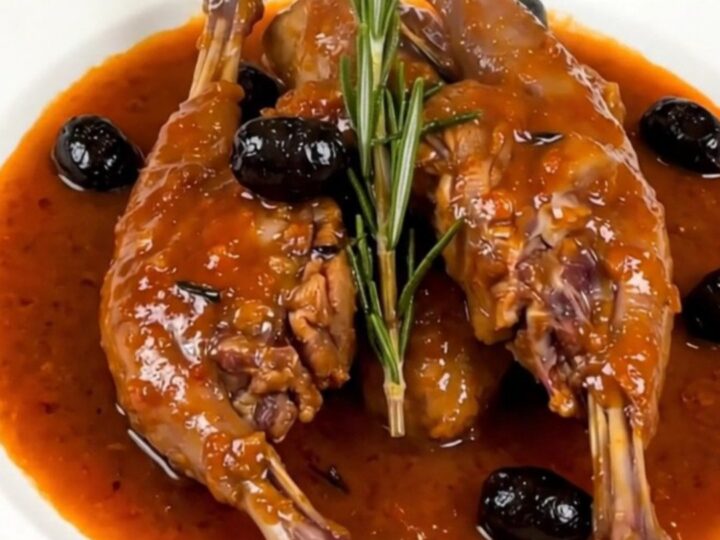A close-up of tender, braised rabbit pieces served on a white plate with a rich tomato sauce and black olives.