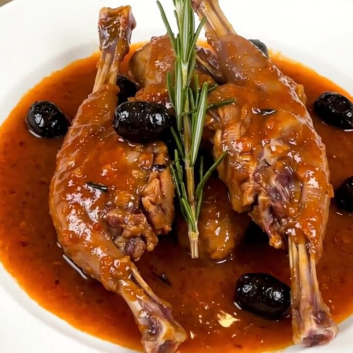 A close-up of tender, braised rabbit pieces served on a white plate with a rich tomato sauce and black olives.