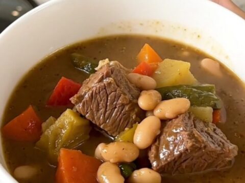 A white ceramic bowl filled with slow-cooked beef stew featuring visible chunks of beef, sliced carrots, and white beans.