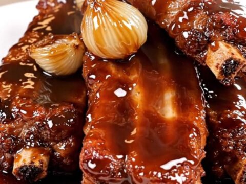 Slow cooked pork ribs with caramelized shallots and a dark balsamic glaze on a plate.