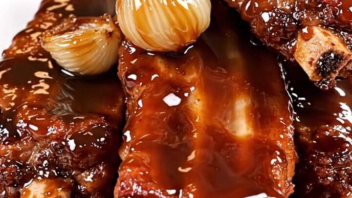 Slow cooked pork ribs with caramelized shallots and a dark balsamic glaze on a plate.