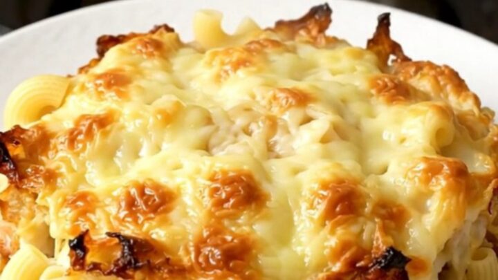 A close-up view of the creamy macaroni gratin in a slow cooker with visible melted cheese and bacon pieces.