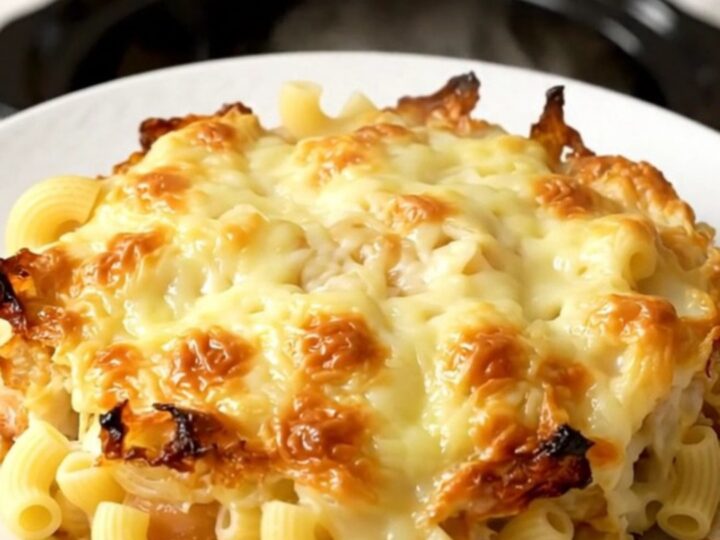 A close-up view of the creamy macaroni gratin in a slow cooker with visible melted cheese and bacon pieces.
