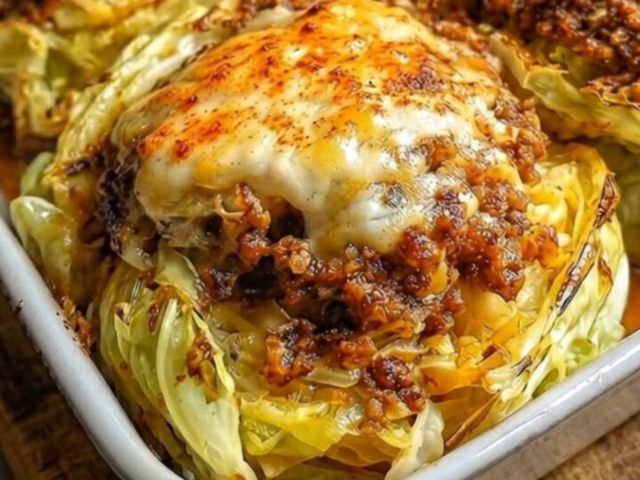 A close-up of four cheesy stuffed cabbage steaks in a white ceramic dish on a rustic wood board.