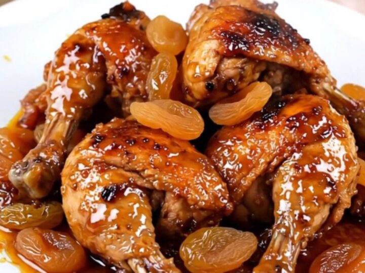A white round plate featuring tender, slow-cooked chicken thighs glazed with a rich, spiced sauce and golden apricots.