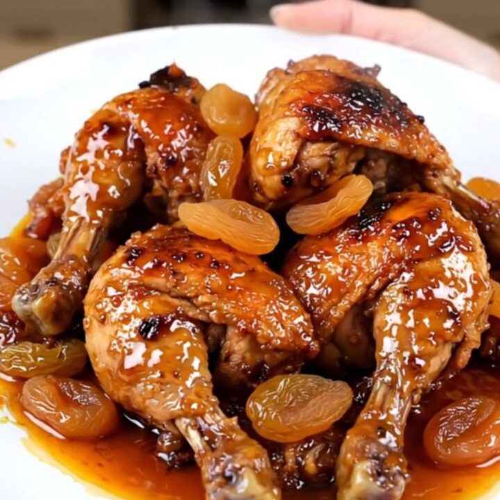 A white round plate featuring tender, slow-cooked chicken thighs glazed with a rich, spiced sauce and golden apricots.