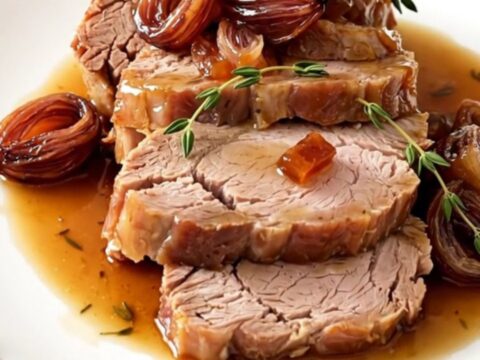 A beautifully plated slice of tender pork roast topped with glossy, caramelized shallots on a white plate.