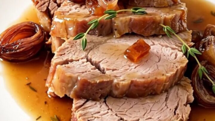 A beautifully plated slice of tender pork roast topped with glossy, caramelized shallots on a white plate.