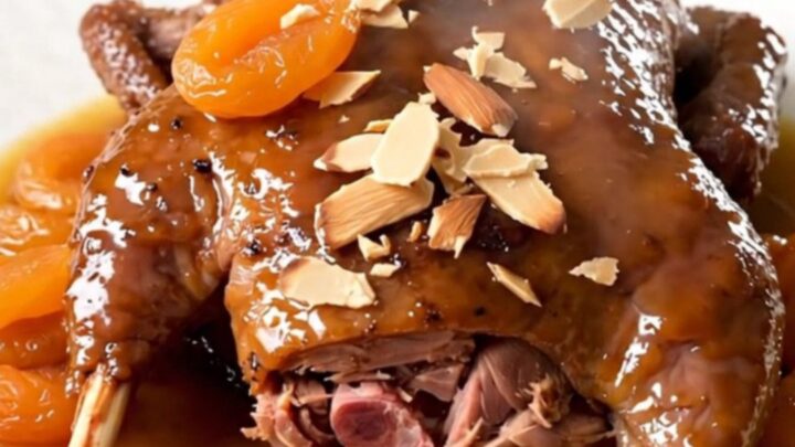 Finished slow-cooked duck legs with apricots and almonds on a white plate.