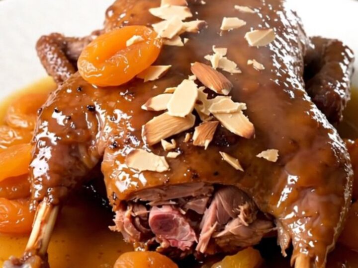 Finished slow-cooked duck legs with apricots and almonds on a white plate.