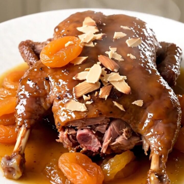 Finished slow-cooked duck legs with apricots and almonds on a white plate.