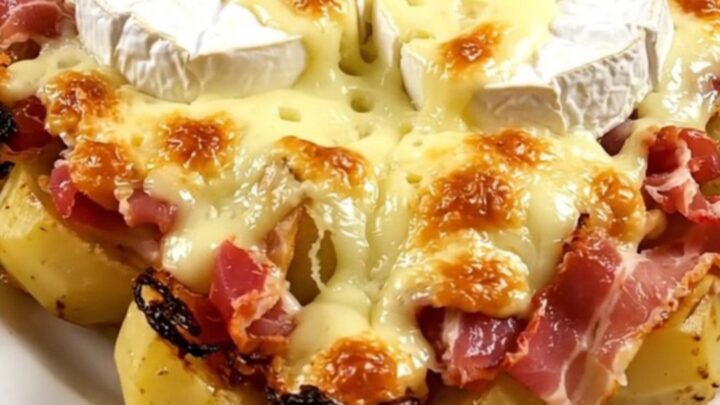 A top-down view of a slow cooker filled with bacon, potatoes, and two wheels of Camembert.