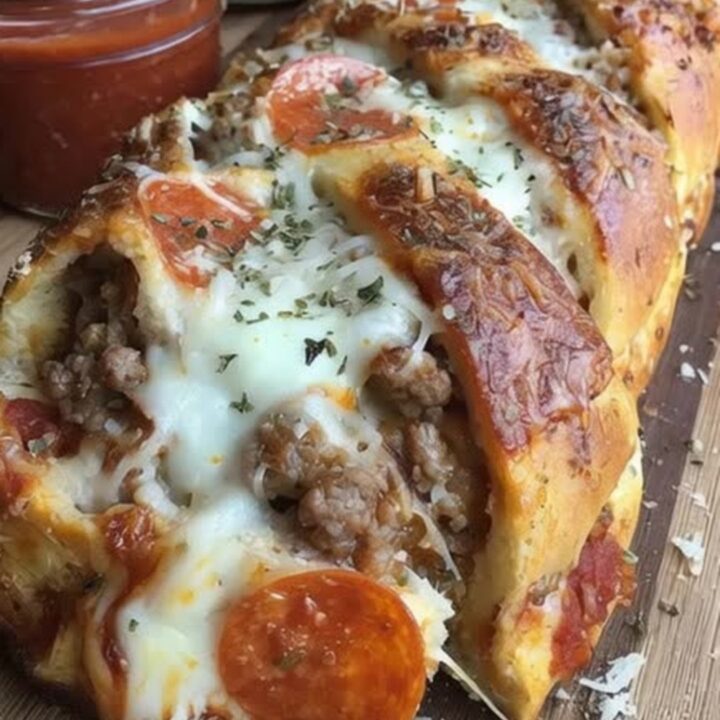A warm, golden-brown meat lovers pizza bread loaf on a wooden cutting board with marinara sauce.