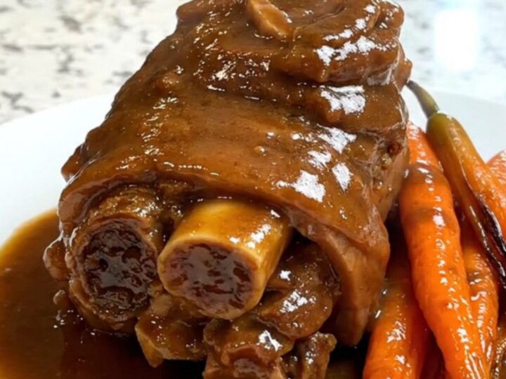 A close-up of tender, glossy lamb neck slices with cooked carrots and rich gravy on a white plate.