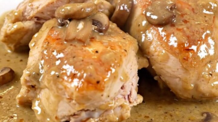 A close-up of creamy porcini chicken served on a white plate with a rich, glossy mushroom sauce.