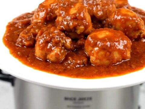A top-down view of a black slow cooker filled with raw chicken, colorful bell peppers, onions, and tomato sauce.