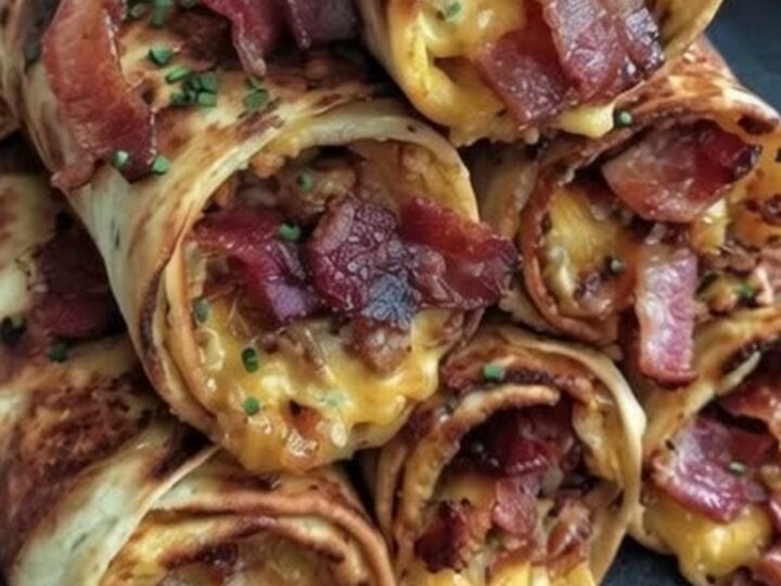 A stacked pile of golden garlic butter bacon cheeseburger rollups garnished with chives on a dark platter.