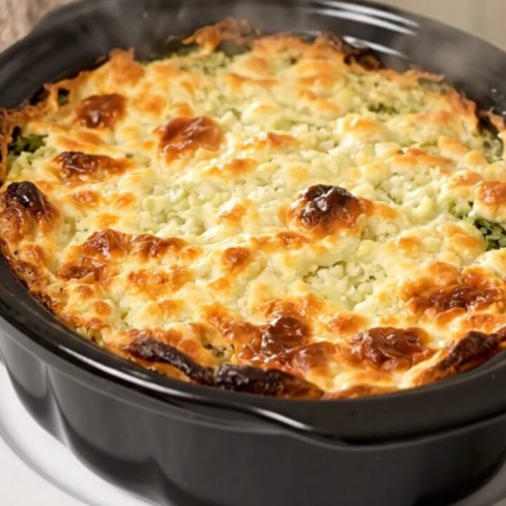 A rustic slow cooker filled with creamy, cooked Swiss chard topped with a dollop of crème fraîche.