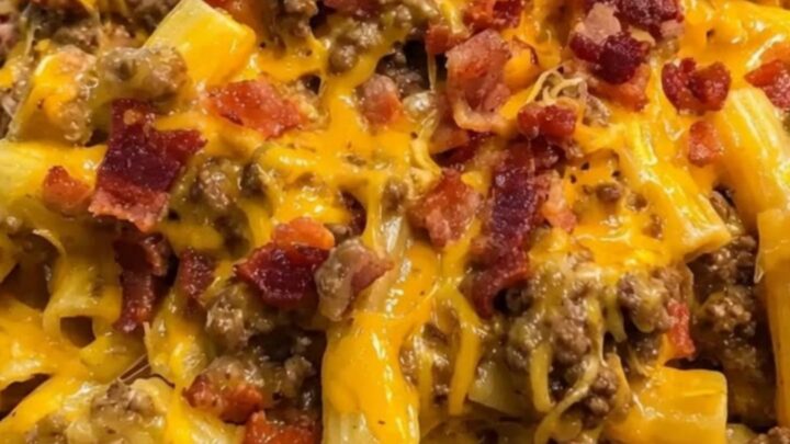 A steaming bowl of creamy rigatoni pasta mixed with browned beef, crispy bacon bits, and molten cheddar cheese.
