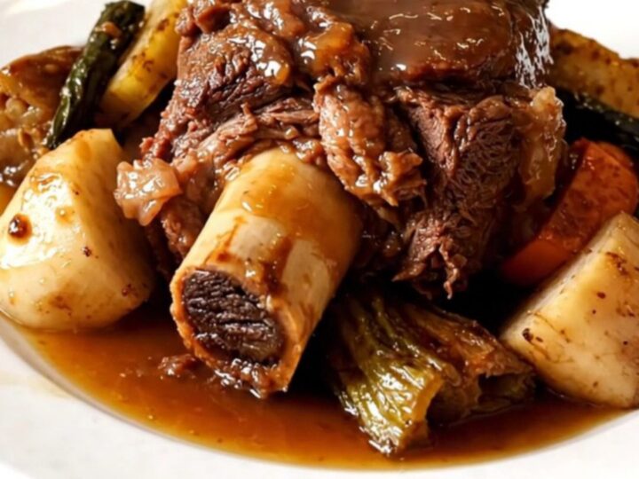 A top-down view of raw beef shanks and winter vegetables in a black slow cooker on a white countertop.