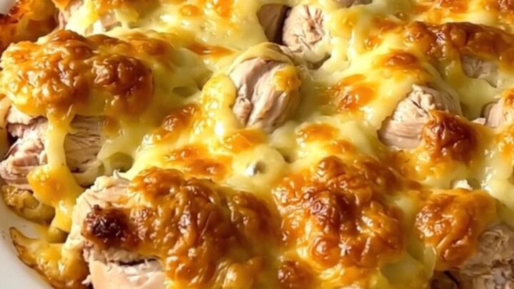 A close-up of tender slow-cooked chicken thighs smothered in a creamy Saint-Nectaire cheese and bacon sauce on a white plate.