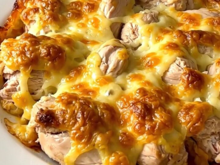 A close-up of tender slow-cooked chicken thighs smothered in a creamy Saint-Nectaire cheese and bacon sauce on a white plate.