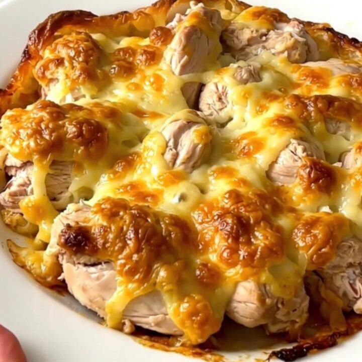 A close-up of tender slow-cooked chicken thighs smothered in a creamy Saint-Nectaire cheese and bacon sauce on a white plate.