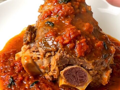 A close-up of a tender lamb shank in a rich tomato sauce on a white plate.