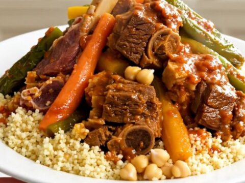 A steaming, glossy royal couscous with tender lamb, chicken, and merguez sausage on a white plate.