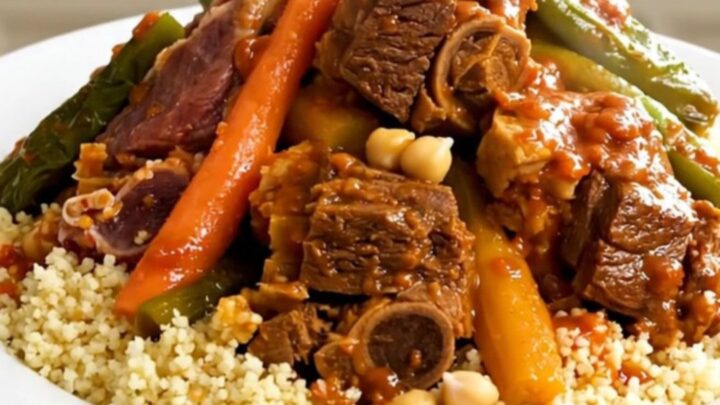A steaming, glossy royal couscous with tender lamb, chicken, and merguez sausage on a white plate.