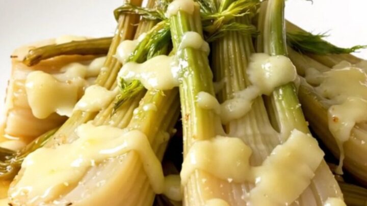 A top-down view of tender, braised fennel wedges in a slow cooker, topped with melted golden Parmesan cheese.