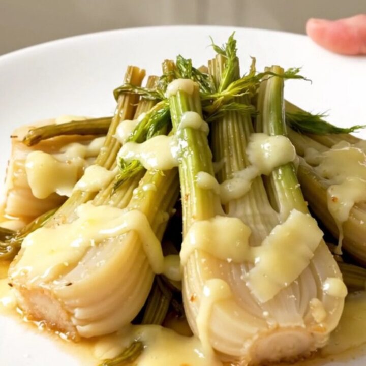 A top-down view of tender, braised fennel wedges in a slow cooker, topped with melted golden Parmesan cheese.
