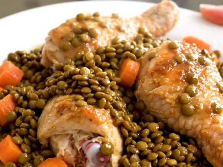 A close-up of tender chicken drumsticks and perfectly cooked green lentils served on a white plate.