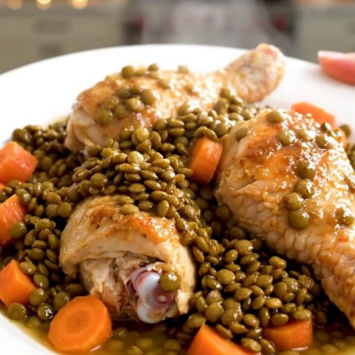 A close-up of tender chicken drumsticks and perfectly cooked green lentils served on a white plate.